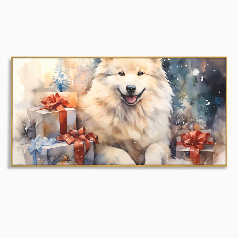 Tablou canvas cu tablou cu caine samoyed si cadouri de craciun, in rama de aluminiu auriu